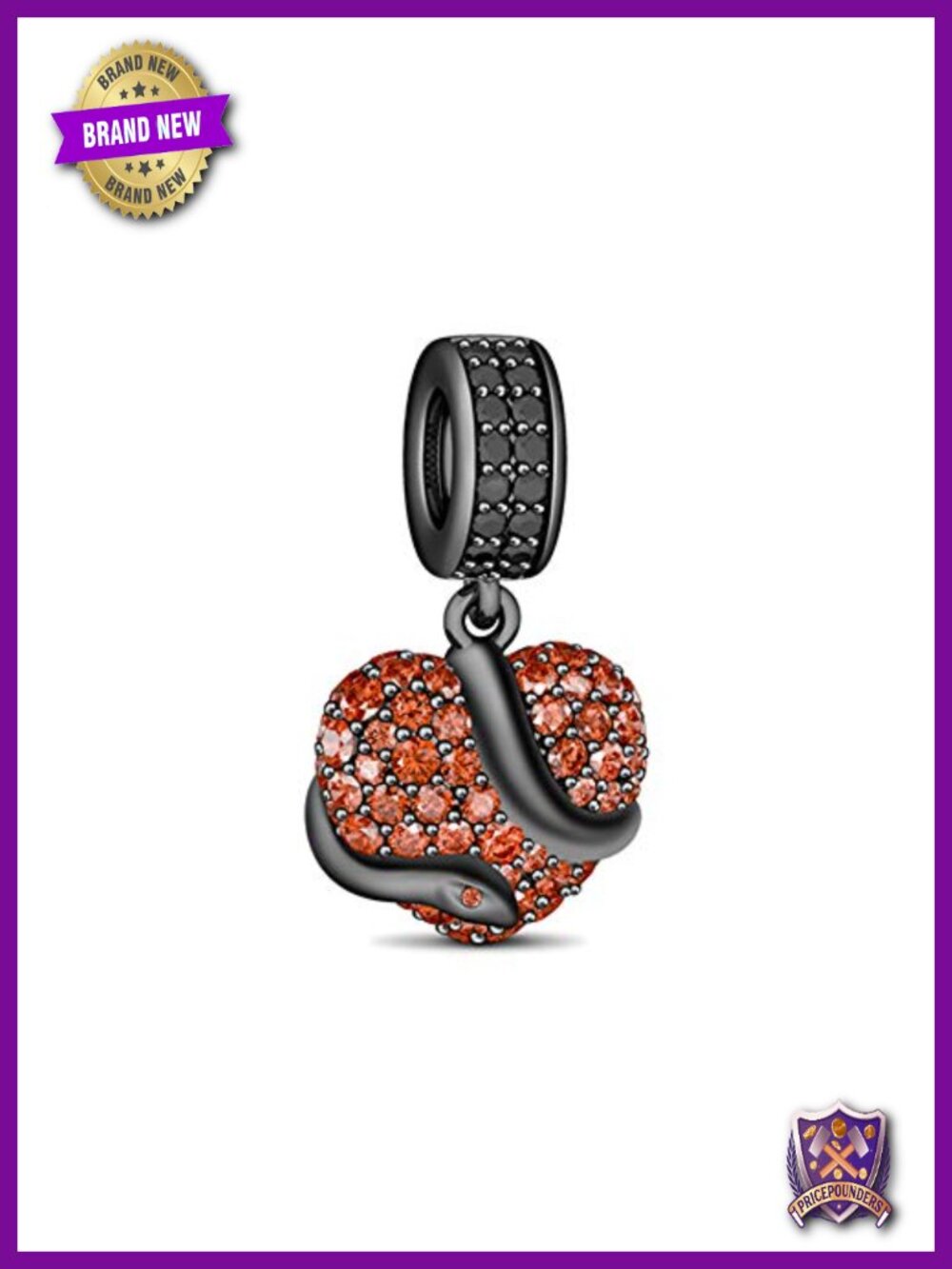 Snake Coiled Heart Sterling Silver Charm Red CZ Pendant Bracelet
